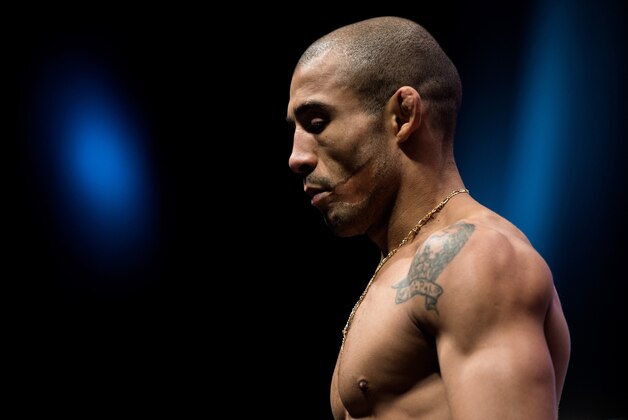 LAS VEGAS, NV - DECEMBER 11:   UFC featherweight champion Jose Aldo steps onto the scale during the UFC 194 weigh-in inside MGM Grand Garden Arena on December 10, 2015 in Las Vegas, Nevada.  (Photo by Brandon Magnus/Zuffa LLC/Zuffa LLC via Getty Images)