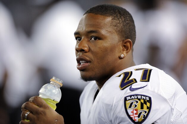 In this Aug. 7, 2014, photo, Baltimore Ravens running back Ray Rice sits on the sideline in the second half of an NFL preseason football game against the San Francisco 49ers in Baltimore. A person familiar with the case has told The Associated Press that an arbiter has ruled that NFL Commissioner Roger Goodell should testify in Rice's appeal of his indefinite suspension. The person spoke on condition of anonymity because details of the appeal have not been made public. (AP Photo/Nick Wass)