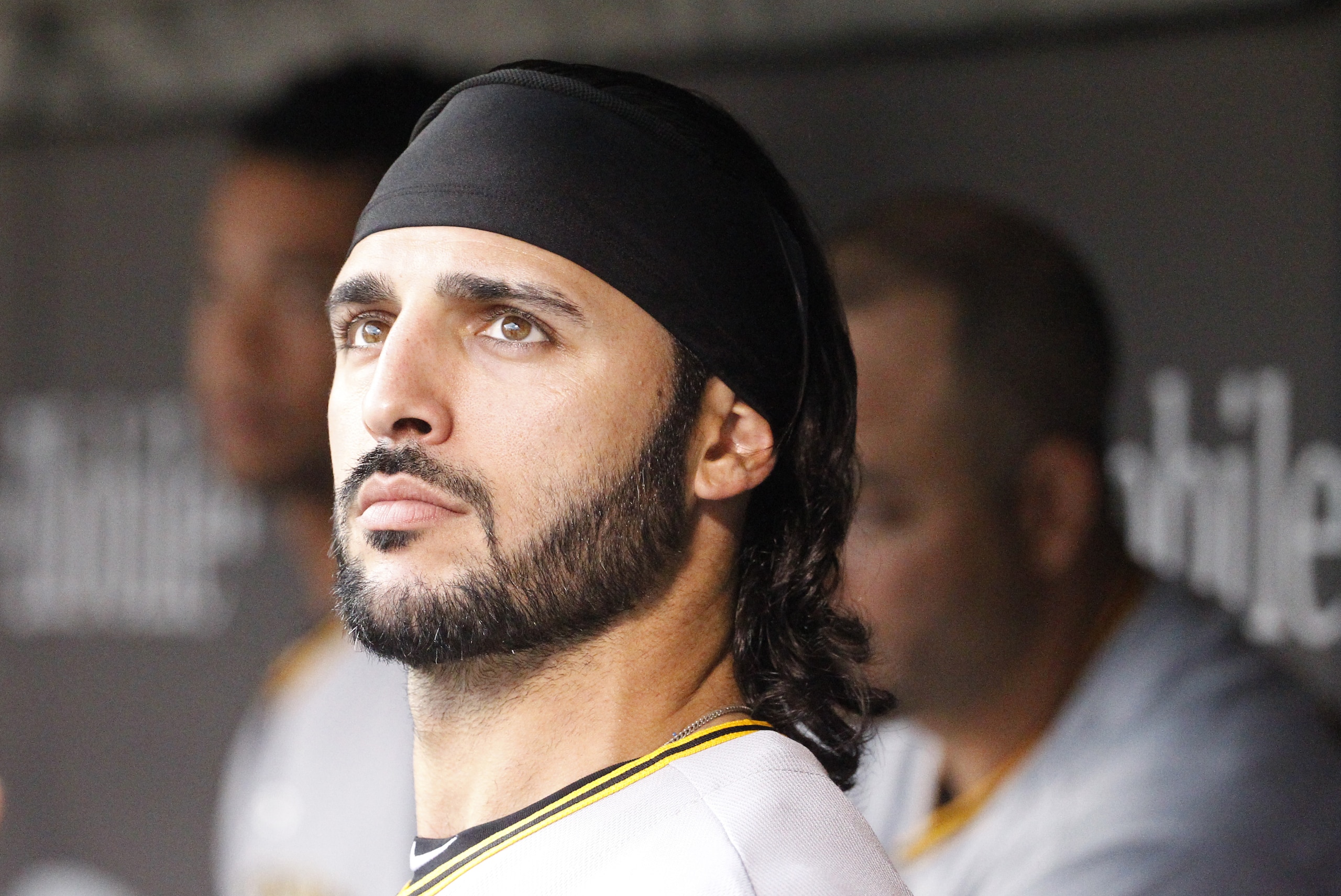 Pittsburgh Pirates first baseman Sean Rodriguez looks out of the dugout before a baseball game against the Minnesota Twins in Minneapolis, Tuesday, July 28, 2015. (AP Photo/Ann Heisenfelt)