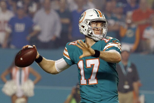 Miami Dolphins quarterback Ryan Tannehill (17) looks to pass the ball during the first half of an NFL football game against the New York Giants, Monday, Dec. 14, 2015, in Miami Gardens, Fla.  (AP Photo/Lynne Sladky)