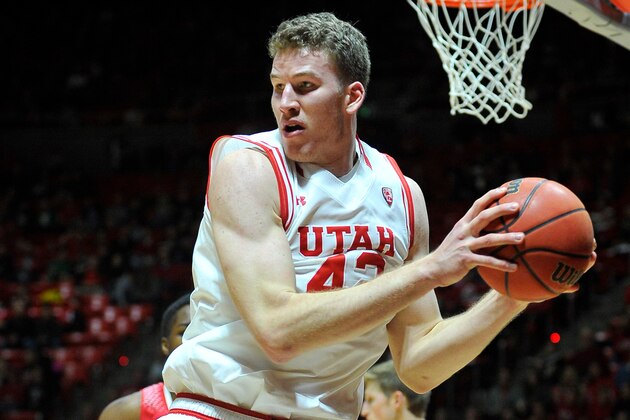 SALT LAKE CITY, UT- NOVEMBER 13: Jakob Poeltl #42 of the Utah Utes grabs a rebound against the Southern Utah Thunderbirds at the Jon M. Huntsman Center on November 13, 2015 in Salt Lake City, Utah. (Photo by Gene Sweeney Jr/Getty Images)