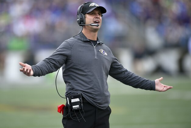 Baltimore Ravens head coach John Harbaugh reacts during the first half an NFL football game against the Seattle Seahawks, Sunday, Dec. 13, 2015, in Baltimore. (AP Photo/Nick Wass)