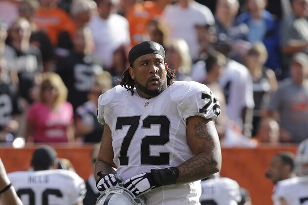 Oakland Raiders Donald Penn during an NFL football game against the Cleveland Browns Sunday, Sept. 27, 2015, in Cleveland. Oakland won 27-20.(AP Photo/Aaron Josefczyk)