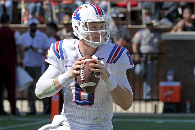 Louisiana Tech quarterback Jeff Driskel (6) looks for a receiver during the first half of a NCAA college football game against Mississippi State in Starkville, Miss., Saturday, Oct. 17, 2015. (AP Photo/Jim Lytle)