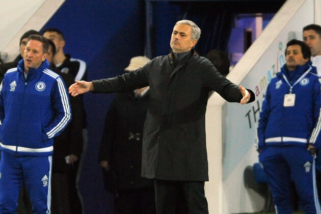 Chelsea manager Jose Mourinho reacts during the English Premier League soccer match between Leicester City and Chelsea at the King Power Stadium in Leicester, England, Monday, Dec. 14, 2015. Leicester won the match 2-1. (AP Photo/Rui Vieira)