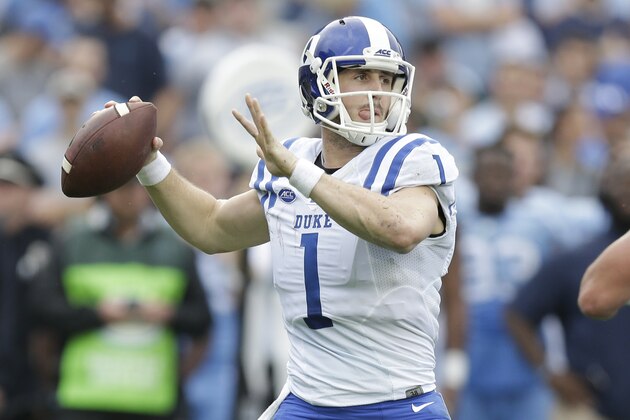 Duke quarterback Thomas Sirk (1) passes against North Carolina during the first half of an NCAA college football game in Chapel Hill, N.C., Saturday, Nov. 7, 2015. (AP Photo/Gerry Broome)
