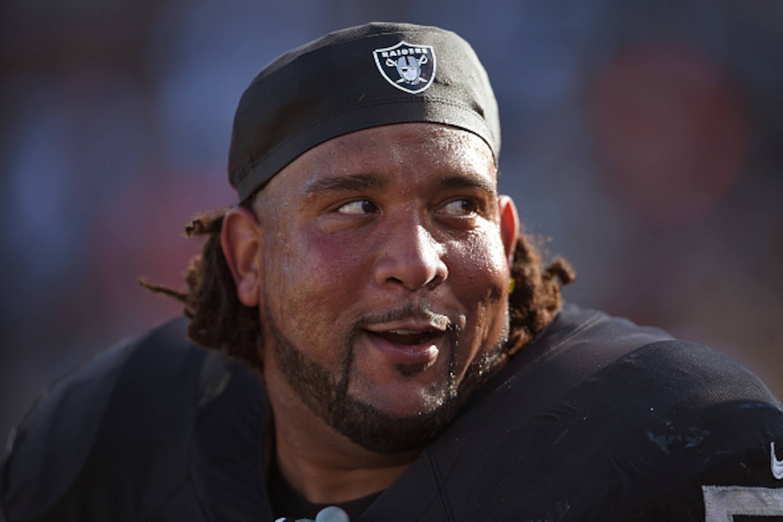 OAKLAND, CA - OCTOBER 11:  Donald Penn #72 of the Oakland Raiders looks on from the sidelines against the Denver Broncos during the fourth quarter at the O.co Coliseum on October 11, 2015 in Oakland, California.  (Photo by Thearon W. Henderson/Getty Images)