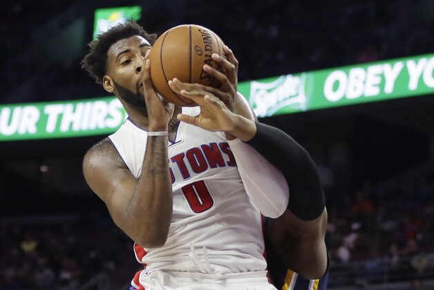 Detroit Pistons center Andre Drummond (0) pulls down a rebound during the second half of an NBA basketball game against the Indiana Pacers, Tuesday, Nov. 3, 2015, in Auburn Hills, Mich., (AP Photo/Carlos Osorio)
