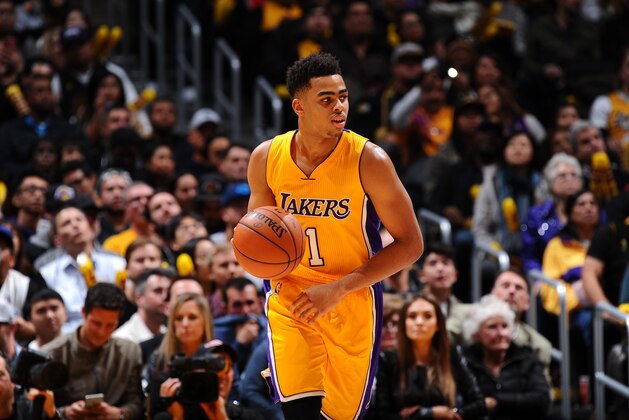 LOS ANGELES, CA - DECEMBER 15:  D'Angelo Russell #1 of the Los Angeles Lakers dribbles the ball against the Milwaukee Bucks on December 15, 2015 at STAPLES Center in Los Angeles, California. NOTE TO USER: User expressly acknowledges and agrees that, by downloading and/or using this Photograph, user is consenting to the terms and conditions of the Getty Images License Agreement. Mandatory Copyright Notice: Copyright 2015 NBAE (Photo by Juan Ocampo/NBAE via Getty Images)