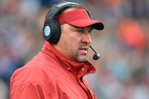 Nov 7, 2015; Oxford, MS, USA; Arkansas Razorbacks head coach Bret Bielema watches the action during the game against the Mississippi Rebels at Vaught-Hemingway Stadium. Arkansas won 53-52.  Mandatory Credit: Matt Bush-USA TODAY Sports