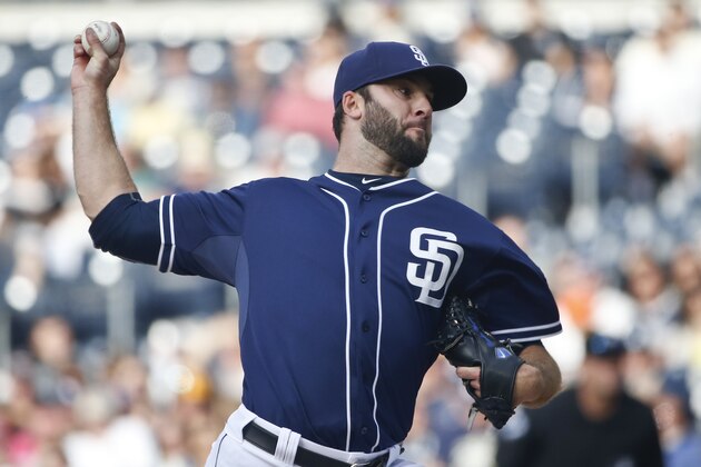 San Diego Padres starting pitcher Brandon Morrow throws against the Colorado Rockies in the first inning of a baseball game Saturday May2, 2015 in San Diego. (AP Photo/(Lenny Ignelzi)