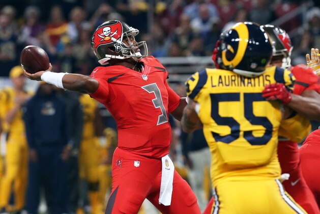 Dec 17, 2015; St. Louis, MO, USA; Tampa Bay Buccaneers quarterback Jameis Winston (3) throws a pass in the first half against the St. Louis Rams at the Edward Jones Dome. Mandatory Credit: Aaron Doster-USA TODAY Sports