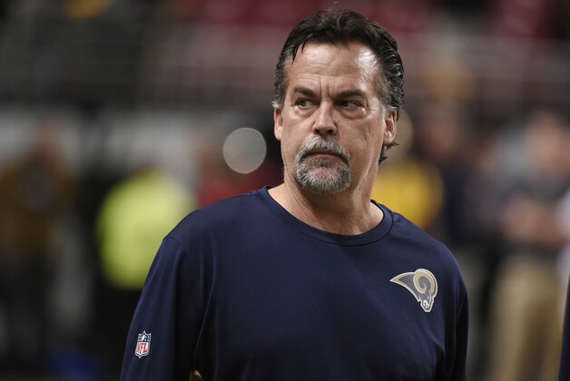 St. Louis Rams head coach Jeff Fisher roams the field before the start of an NFL football game between the St. Louis Rams and the Tampa Bay Buccaneers on Thursday, Dec. 17, 2015, in St. Louis. (AP Photo/L.G. Patterson)