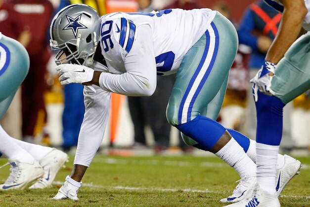 Dec 7, 2015; Landover, MD, USA; Dallas Cowboys defensive end Demarcus Lawrence (90) lines up against the Washington Redskins quarterback Kirk Cousins (8) at FedEx Field. Mandatory Credit: Geoff Burke-USA TODAY Sports