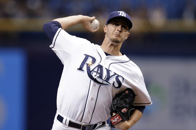 Tampa Bay Rays starting pitcher Jake Odorizzi delivers to the New York Yankees during the first inning of a baseball game Tuesday, Sept. 15, 2015, in St. Petersburg, Fla.  (AP Photo/Chris O'Meara)
