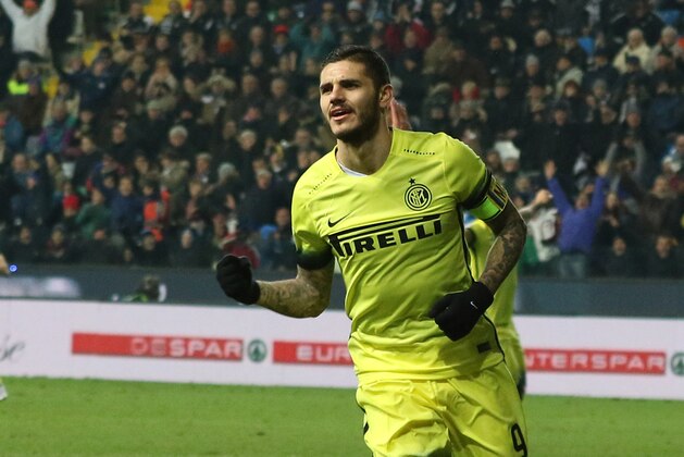 Inter’s Mauro Icardi reacts after scoring, during the Serie A soccer match between Udinese and Inter Milan at the Friuli Stadium in Udine, Italy, Saturday, Dec. 12, 2015. (AP Photo/Paolo Giovannini)