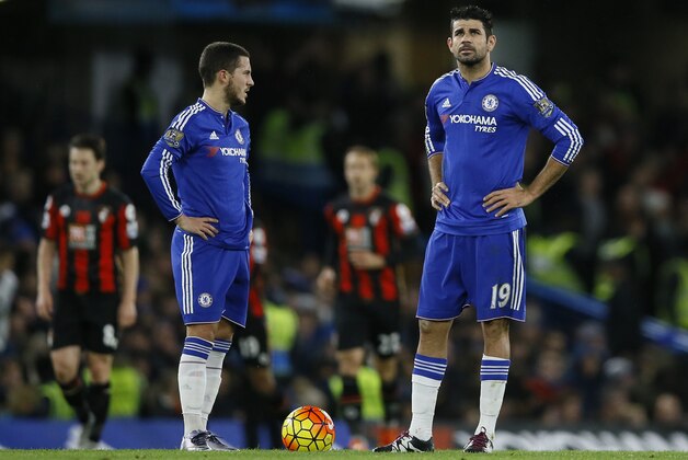 Chelsea's Diego Costa, right, and Eden Hazard stand after Bournemouth scored a goal during the English Premier League soccer match between Chelsea and AFC Bournemouth at Stamford Bridge stadium in London, Saturday, Dec. 5, 2015. (AP Photo/Kirsty Wigglesworth)