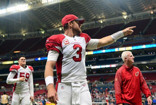 Dec 6, 2015; St. Louis, MO, USA; Arizona Cardinals quarterback Carson Palmer (3) points to Cardinals fans in the crowd after defeating the St. Louis Rams 27-3 at the Edward Jones Dome. The Cardinals defeated the Rams 27-3. Mandatory Credit: Jeff Curry-USA TODAY Sports