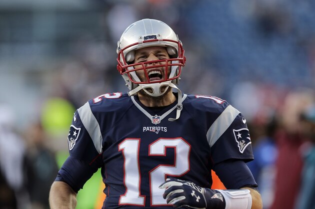 New England Patriots quarterback Tom Brady takes the field for warm ups before an NFL football game against the Philadelphia Eagles, Sunday, Dec. 6, 2015, in Foxborough, Mass. (AP Photo/Charles Krupa)