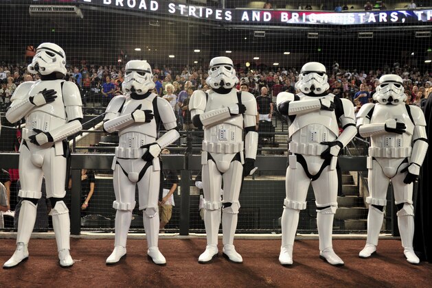Jul 18, 2015; Phoenix, AZ, USA; Stormtroopers look on during the National Anthem during Star Wars Day prior to the game between the Arizona Diamondbacks and the San Francisco Giants at Chase Field. Mandatory Credit: Matt Kartozian-USA TODAY Sports