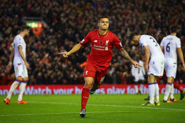 LIVERPOOL, ENGLAND - NOVEMBER 08:  Philippe Coutinho of Liverpool celebrates scoring his side's first goal during the Barclays Premier League match between Liverpool and Crystal Palace at Anfield on November 8, 2015 in Liverpool, England.  (Photo by Alex Livesey/Getty Images)