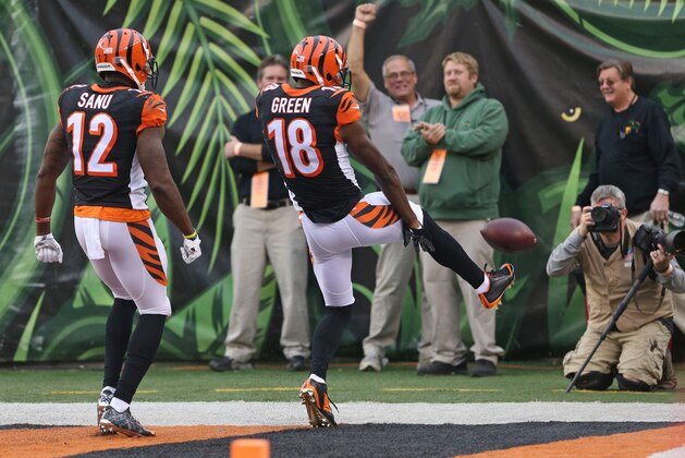 Dec 13, 2015; Cincinnati, OH, USA; Cincinnati Bengals wide receiver A.J. Green (18) kicks the ball into the stands after scoring a touchdown on a pass from quarterback AJ McCarron (not pictured) against the Pittsburgh Steelers in the first half at Paul Brown Stadium. Mandatory Credit: Aaron Doster-USA TODAY Sports