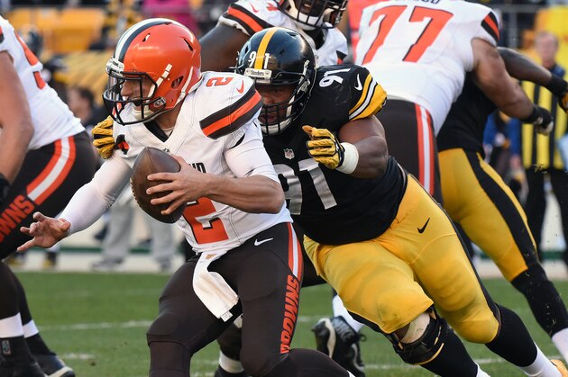 PITTSBURGH, PA - NOVEMBER 15:  Defensive lineman Stephon Tuitt #91 of the Pittsburgh Steelers sacks quarterback Johnny Manziel #2 of the Cleveland Browns during a game at Heinz Field on November 15, 2015 in Pittsburgh, Pennsylvania.  The Steelers defeated the Browns 30-9. (Photo by George Gojkovich/Getty Images)