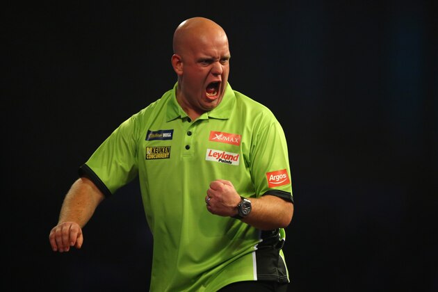 LONDON, ENGLAND - DECEMBER 18:  Michael van Gerwen reacts during his first round match against Rene Eidams on day two of the 2016 William Hill PDC World Darts Championships at Alexandra Palace on December 18, 2015 in London, England.  (Photo by Richard Heathcote/Getty Images)