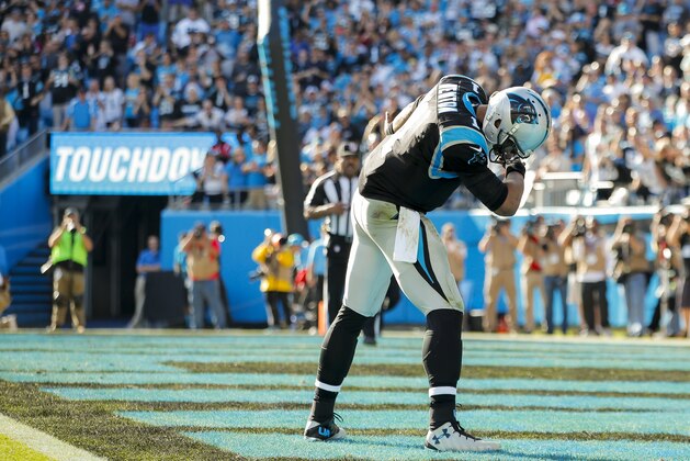Carolina Panthers quarterback Cam Newton (1) celebrates a touchdown against the Atlanta Falcons during an NFL football game at Bank of America Stadium in Charlotte, N.C. on Sunday, Dec. 13, 2015. (Chris Keane/AP Images for Panini)