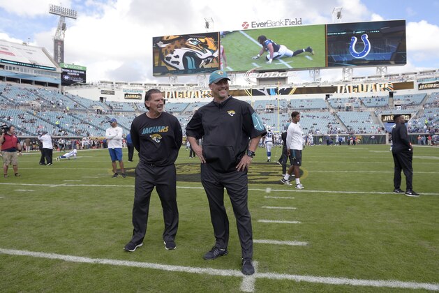Jacksonville Jaguars head coach Gus Bradley, right, and offensive coordinator Greg Olson watch warmups before an NFL football game against the Indianapolis Colts in Jacksonville, Fla., Sunday, Dec. 13, 2015. (AP Photo/Phelan M. Ebenhack)