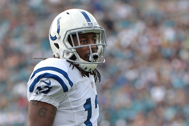 Indianapolis Colts wide receiver T.Y. Hilton (13) reacts after catching a pass for a first down during the first half of an NFL football game against the Jacksonville Jaguars in Jacksonville, Fla., Sunday, Dec. 13, 2015. (AP Photo/Phelan M. Ebenhack)