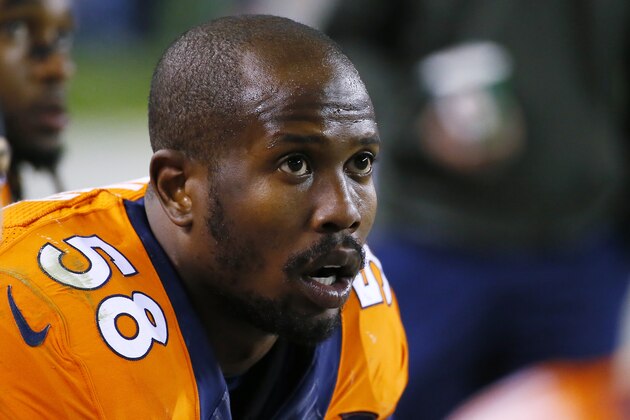 Denver Broncos outside linebacker Von Miller looks on during an NFL football game between the Denver Broncos and the Kansas City Chiefs, Sunday, Nov. 15, 2015, in Denver. (AP Photo/Jack Dempsey)