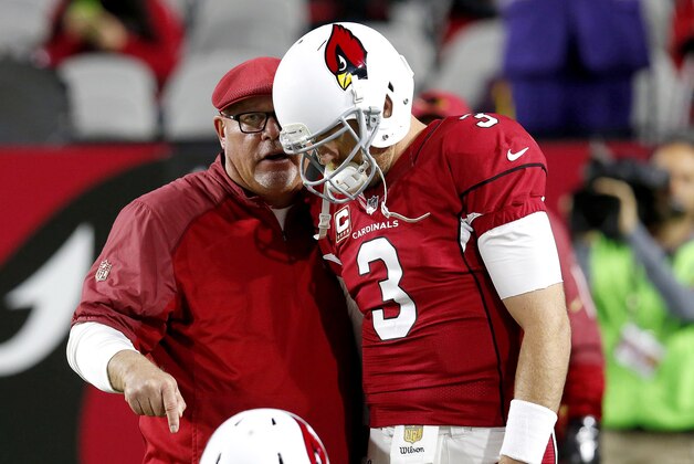Arizona Cardinals quarterback Carson Palmer (3) and head coach Bruce Arians talk prior to an NFL football game against the Minnesota Vikings, Thursday, Dec. 10, 2015, in Glendale, Ariz. (AP Photo/Rick Scuteri)