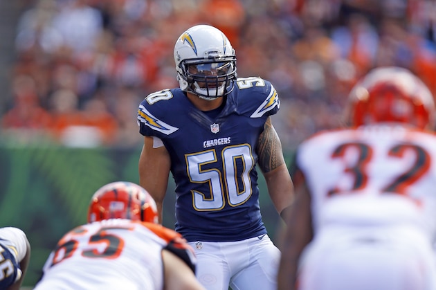 San Diego Chargers inside linebacker Manti Te'o (50) lines up against the Cincinnati Bengals during an NFL football game in Cincinnati, Sunday, Sept. 20, 2015. (Jeff Haynes/AP Images for Panini)