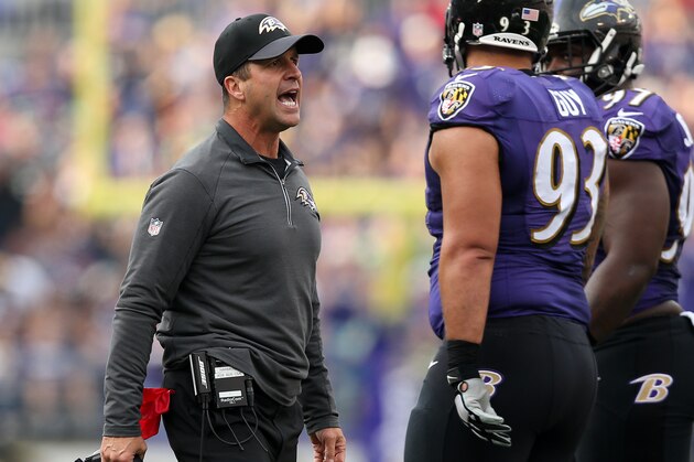 BALTIMORE, MD - DECEMBER 13: Head coach John Harbaugh of the Baltimore Ravens reacts to a play on the sideline against the Seattle Seahawks in the second quarter at M&T Bank Stadium on December 13, 2015 in Baltimore, Maryland. (Photo by Patrick Smith/Getty Images)