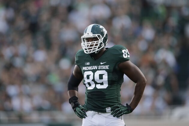 Michigan State defensive end Shilique Calhoun (89) lines up against the Jacksonville State in the first half of a NCAA football game in East Lansing, Mich., Friday, Aug. 29, 2014. (AP Photo/Paul Sancya)
