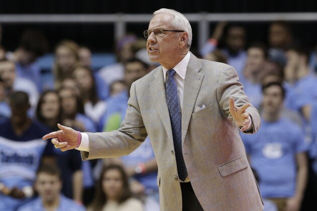 North Carolina head coach Roy Williams directs his team during the first half of an NCAA college basketball game against Tulane in Chapel Hill, N.C., Wednesday, Dec. 16, 2015. (AP Photo/Gerry Broome)