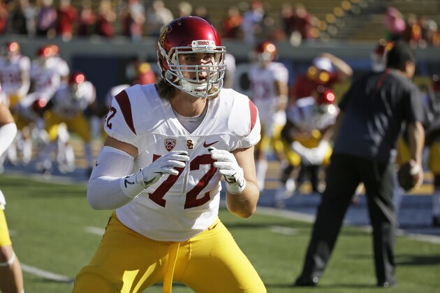 Southern California offensive tackle Chad Wheeler before the start of their NCAA college football game against California Saturday, Oct. 31, 2015, in Berkeley, Calif. USC won the game 27-21. (AP Photo/Eric Risberg)