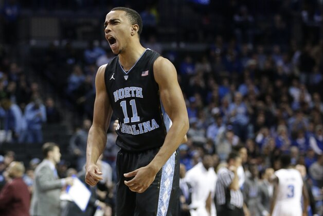 North Carolina's Brice Johnson (11) reacts during the first half of an NCAA college basketball game against UCLA Saturday, Dec. 19, 2015, in New York. (AP Photo/Frank Franklin II)