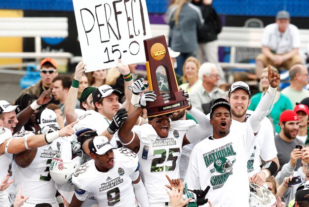 Dec 21, 2013; Florence, AL, USA; Northwest Missouri State Bearcats celebrate after defeating the Lenoir-Rhyne Bears  for the NCAA Division II Championship at Braly Municipal Stadium. Mandatory Credit: Marvin Gentry-USA TODAY Sports