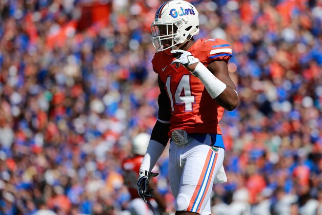 Nov 7, 2015; Gainesville, FL, USA; Florida Gators defensive lineman Alex McCalister (14) during the first quarter at Ben Hill Griffin Stadium. Mandatory Credit: Kim Klement-USA TODAY Sports