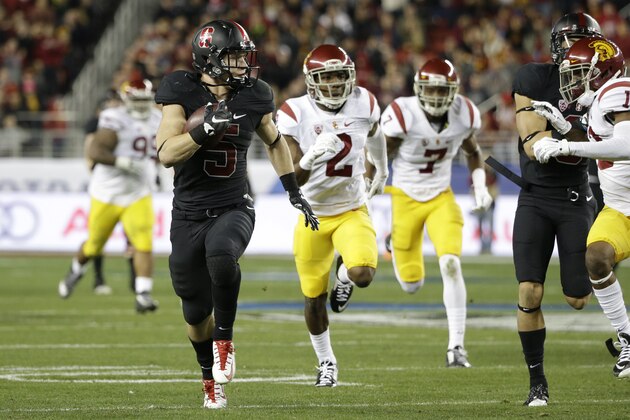 Stanford running back Christian McCaffrey (5) runs against Southern California during the first half of a Pac-12 Conference championship NCAA college football game Saturday, Dec. 5, 2015, in Santa Clara, Calif. (AP Photo/Marcio Jose Sanchez)