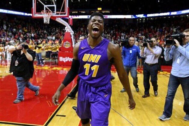Northern Iowa guard Wes Washpun celebrates after the final buzzer at an NCAA college basketball game against Iowa State, Saturday, Dec. 19, 2015, in Des Moines, Iowa. Northern Iowa won 81-79. (AP Photo/Justin Hayworth)