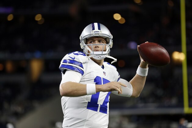 Dallas Cowboys quarterback Kellen Moore (17) throws a pass as he warms up before an NFL football game against the New York Jets on Saturday, Dec. 19, 2015, in Arlington, Texas. (AP Photo/Brandon Wade)