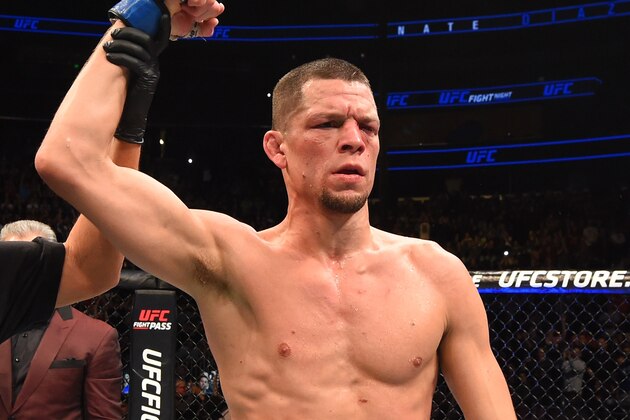 ORLANDO, FL - DECEMBER 19:   Nate Diaz celebrates his victory over Michael Johnson in their lightweight bout during the UFC Fight Night event at the Amway Center on December 19, 2015 in Orlando, Florida. (Photo by Josh Hedges/Zuffa LLC/Zuffa LLC via Getty Images)