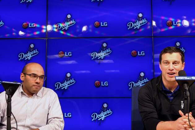 Dodger President of Baseball Operations Andrew Friedman, right, is joined by General Manager Farhan Zaidi, during a news conference in Los Angeles on Thursday, Oct. 22, 2015. Don Mattingly won't return as manager of the Los Angeles Dodgers next year after agreeing with his bosses that he and the team needed a fresh start.  (AP Photo/Richard Vogel)