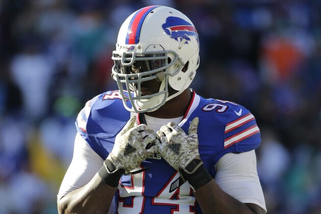 Buffalo Bills defensive end Mario Williams gets set for a play during the first half of an NFL football game against the Miami Dolphins Sunday, Nov. 8, 2015, in Orchard Park, N.Y. (AP Photo/Bill Wippert)
