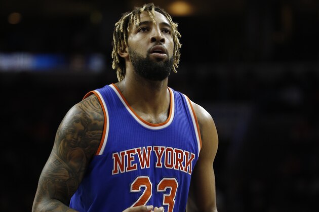 New York Knicks' Derrick Williams in action during an NBA basketball game against the Philadelphia 76ers, Friday, Dec. 18, 2015, in Philadelphia. (AP Photo/Matt Slocum)