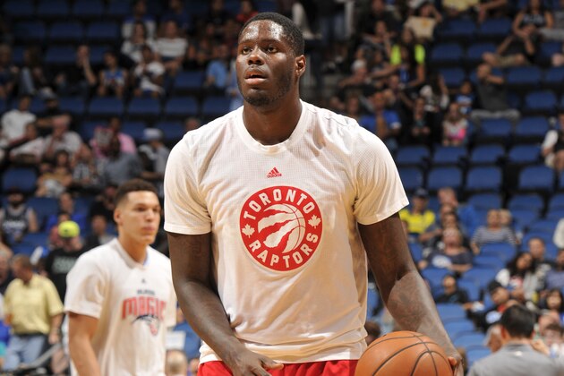 ORLANDO, FL - NOVEMBER 6: Anthony Bennett #15 of the Toronto Raptors warms up before facing off against the Orlando Magic during the game on November 6, 2015 at Amway Center in Orlando, Florida. NOTE TO USER: User expressly acknowledges and agrees that, by downloading and or using this Photograph, user is consenting to the terms and conditions of the Getty Images License Agreement. Mandatory Copyright Notice: Copyright 2015 NBAE (Photo by Fernando Medina/NBAE via Getty Images)