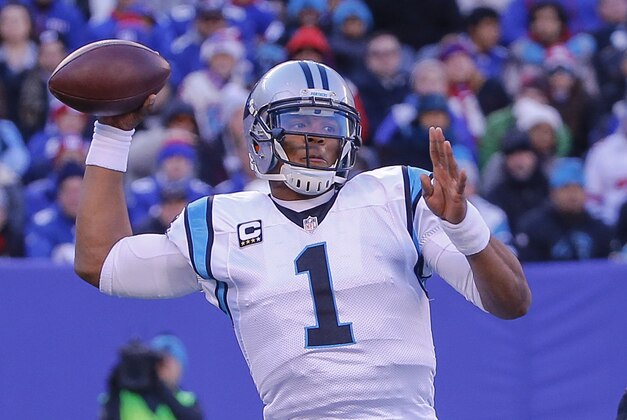 Dec 20, 2015; East Rutherford, NJ, USA;  Carolina Panthers quarterback Cam Newton (1) throws a pass during the first quarter against the New York Giants at MetLife Stadium. Mandatory Credit: Jim O'Connor-USA TODAY Sports